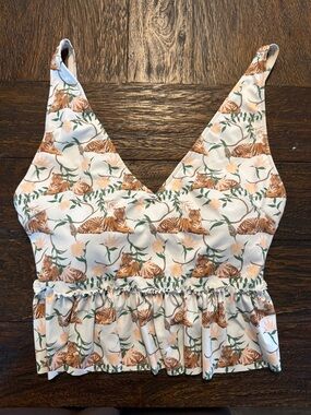Kortni Jeane Cream and Brown Tiger-Print Peplum swim top